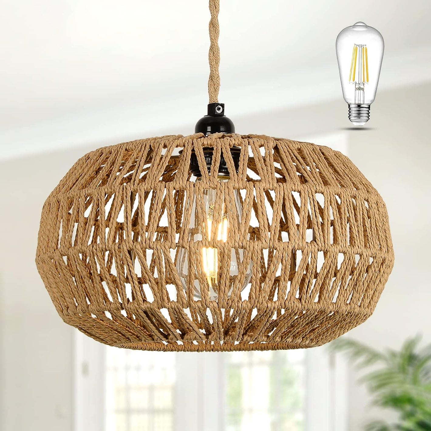 Farmhouse LED Rattan Pendant Lights, Boho Chandelier Light Fixture, Rustic Wicker Hand Woven Rope Cage Basket Pendant Hanging for Dining Room Living Room Kitchen Bedroom Nursery Foyer Hallway Entryway