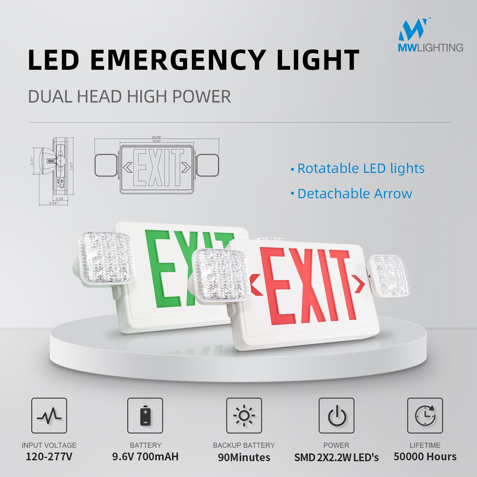 Exit Sign with emergency lighting-3W-150 Lumen-Exit sign "combos" combine a LED exit sign with a pair of emergency lights