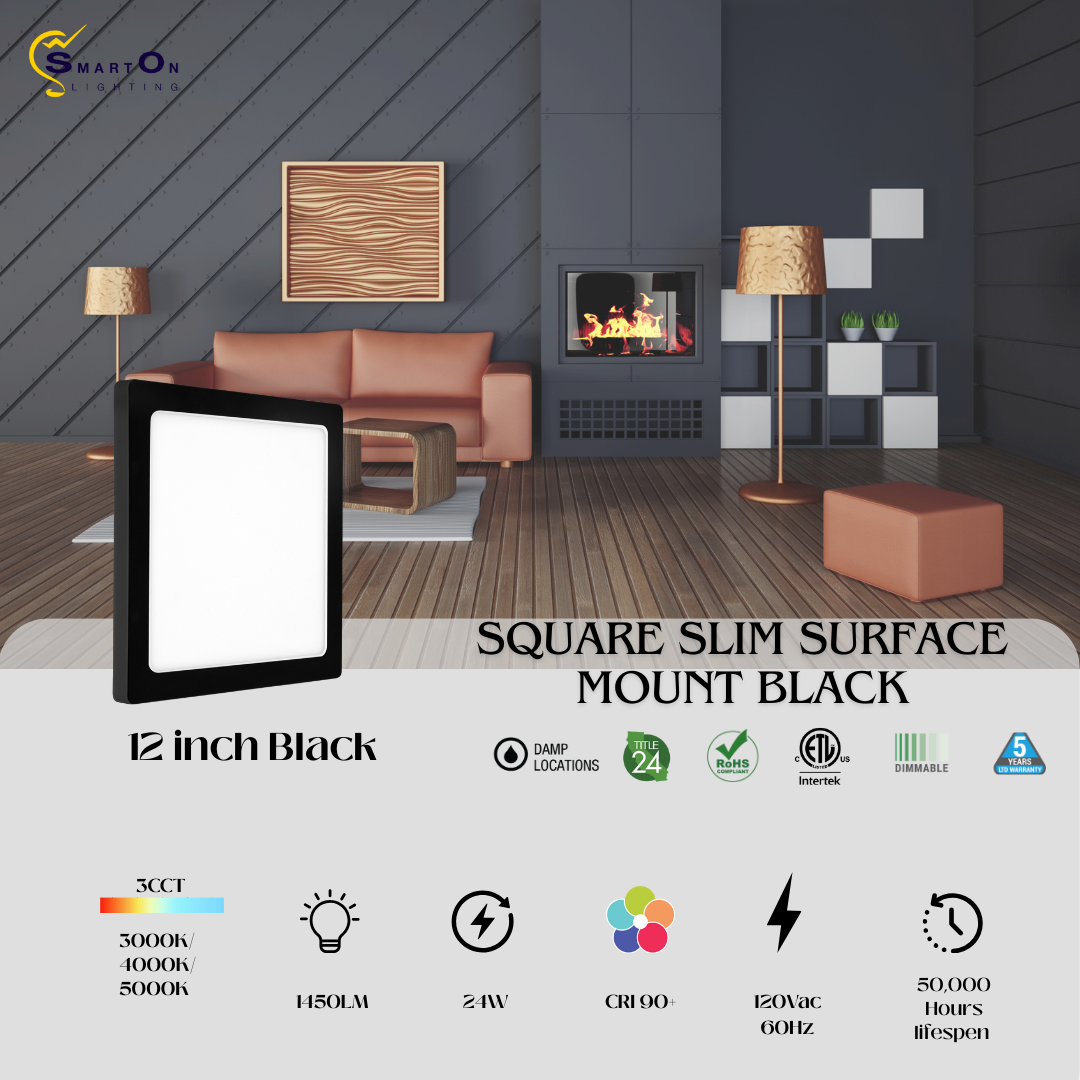7"/9"/12" Black Square Slim LED Surface Mount Ceiling Light