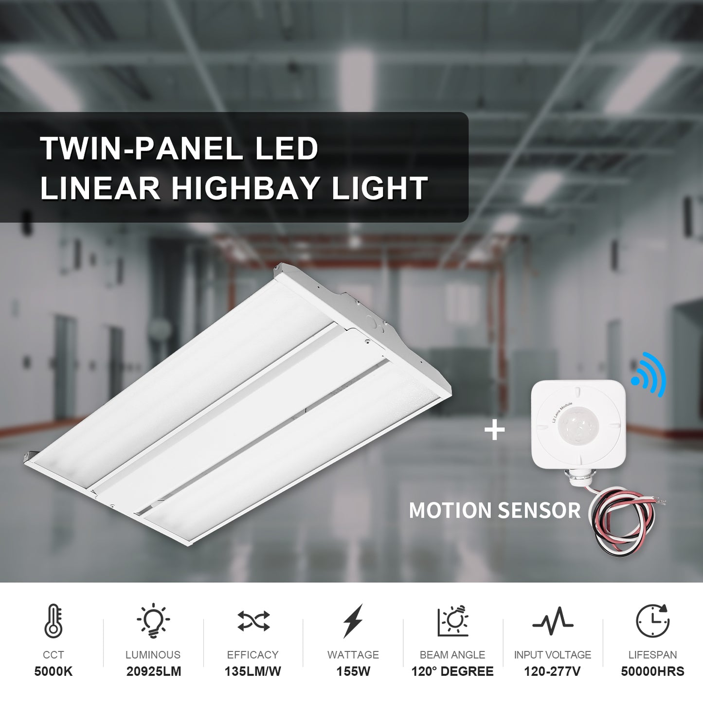 2FT 155W LED Linear Highbay 5000K/20925Lumens with Motion Sensor