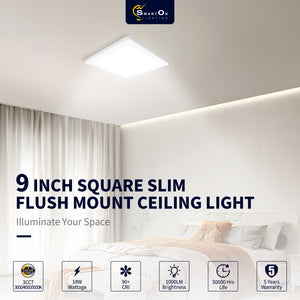 Flush Mount Square Ceiling Light , 9 Inch , 18W ,  1000 Lumens , Selectable CCT