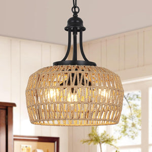 Farmhouse Chandelier for Dining Room, 3-Light Boho Rattan Chandelier Light Fixture Ceiling Hanging with Woven Lampshade, Small Wicker Coastal Pendant Light for Kitchen Bedroom Island Hallway