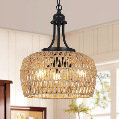 Farmhouse Chandelier for Dining Room, 3-Light Boho Rattan Chandelier Light Fixture Ceiling Hanging with Woven Lampshade, Small Wicker Coastal Pendant Light for Kitchen Bedroom Island Hallway