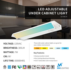 MW 10-inch Linkable LED Under Cabinet Lighting with 5CCT Selectable, Hardwired & Plug-in, 70 degree swivel, aluminum material,white finish