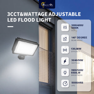 Smarton LED Flood Light Outdoor with Adjustable Power 30w/40w/50w, 3900lm/5200lm/6500lm, IP65 Waterproof,3CCT 3000k/4000k/5000k, LED Flood Light for Garden, Yard, Stadium, UL Listed