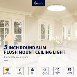 Smarton Lighting Led 5 inch round slim flush mount ceiling light|2700k/3000k/3500k/4000k/5000k |11W 650 Lumens| Dimmable | Damp Location for Bedroom, Kitchen, Office,Closet,Laundry Room