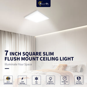 Smarton Lighting Led 7 inch square flush mount ceiling light|3000k//4000k/5000k |12W 600 Lumens| Dimmable | Damp Location for Bedroom, Kitchen, Office,Closet,Laundry Room