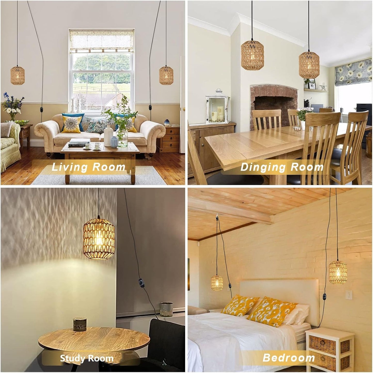 Plug in Boho Hanging Pendant Light with LED Bulb