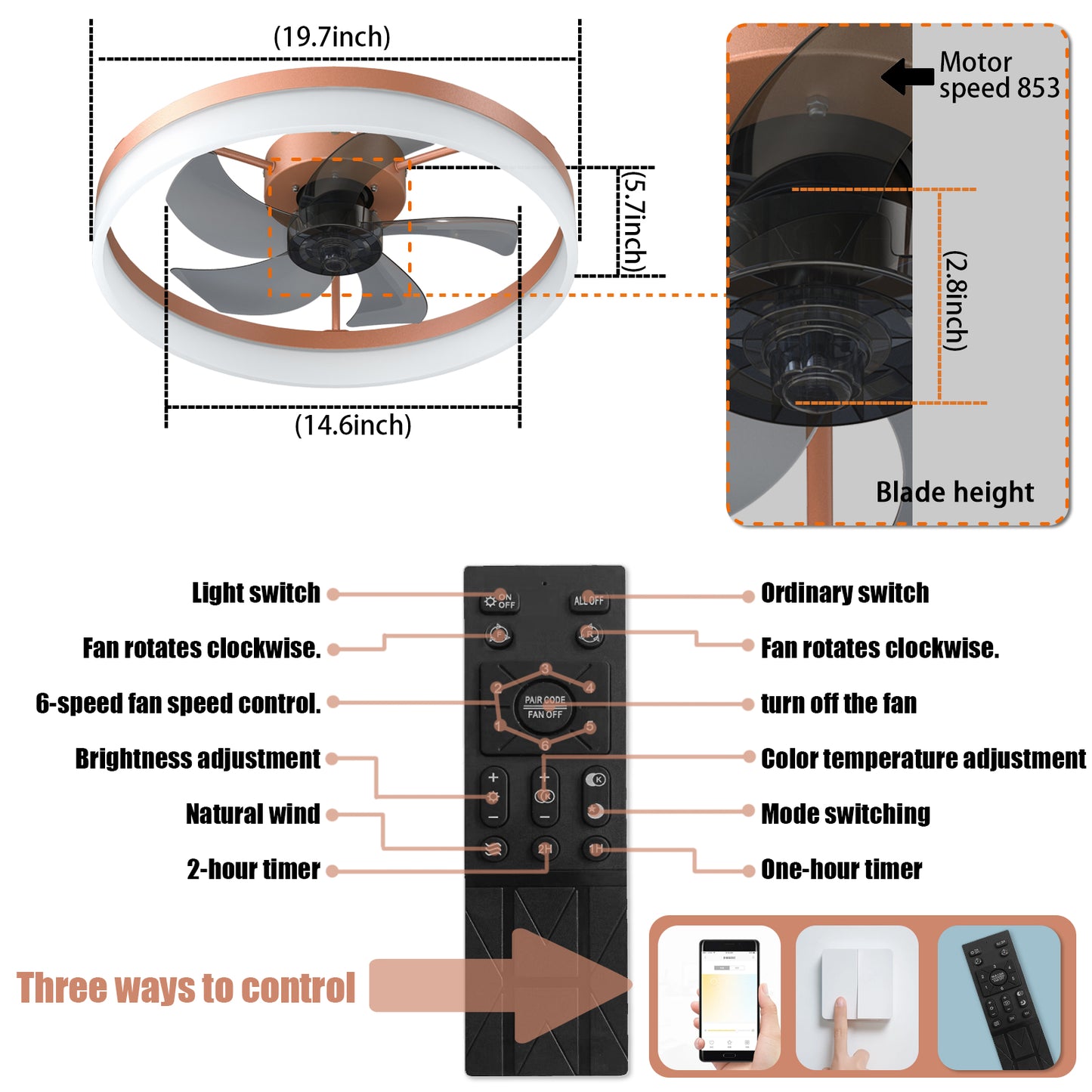 Ceiling Fans with Lights, 3CCT Thin Embedded LED Ceiling Fans,Dimmable,6 Speeds