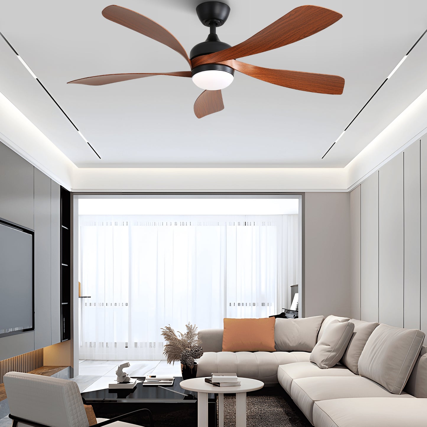 52 Inch Indoor Ceiling Fan With 3 Color Dimmable 5 ABS Blades Remote Control Reversible DC Motor Black With Led Light