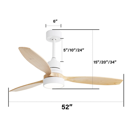 52 Inch 3CCT Ceiling Fan With LED Light, 3 Solid Wood Blades Remote Control Reversible DC Motor