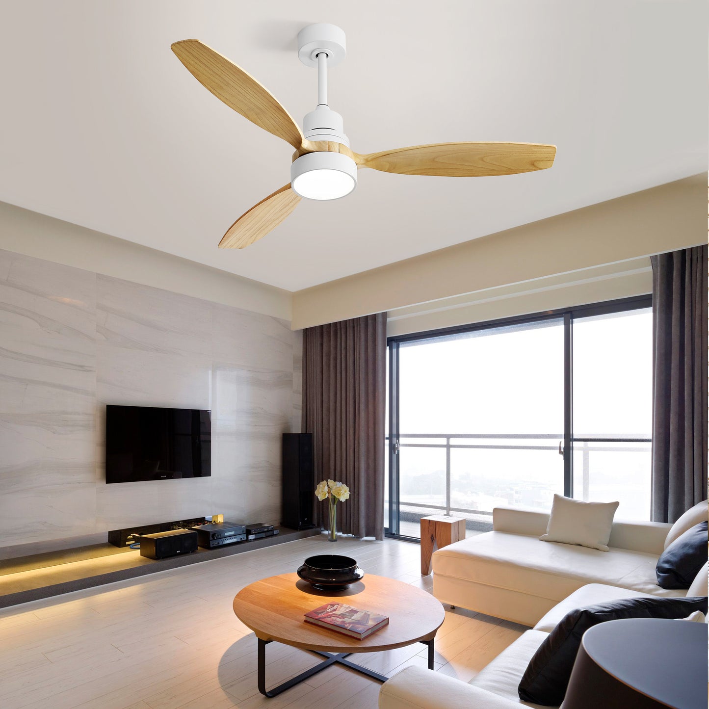 52 Inch 3CCT Ceiling Fan With LED Light, 3 Solid Wood Blades Remote Control Reversible DC Motor