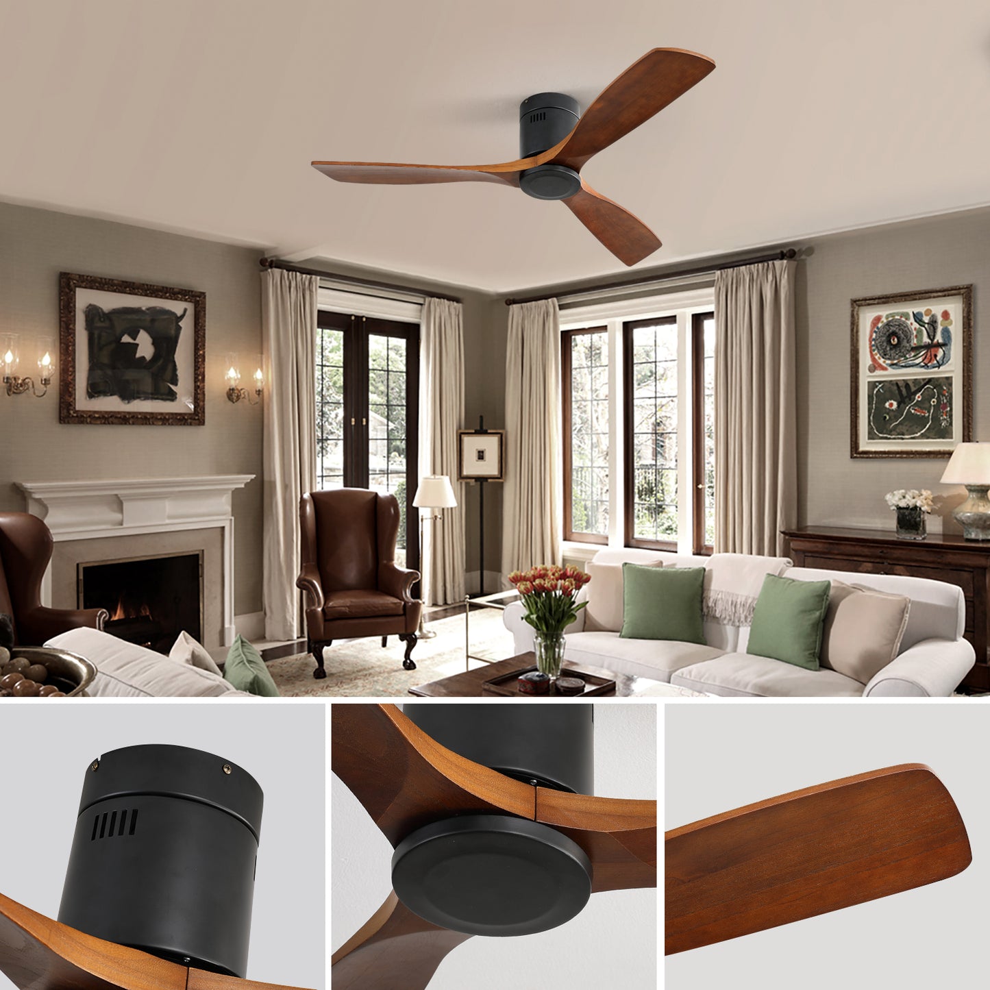 Ceiling Fan Without Light, 3 Solid Wood Blades Outdoor Indoor Ceiling Fan For Living Room 