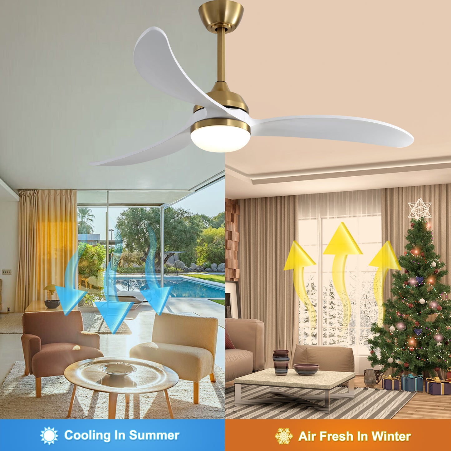 52 Inch Indoor Ceiling Fan With Lights, 3CCT 18W Dimmable Led Indoor Lighting 3 Solid Wood Blades Fans with Remote Control