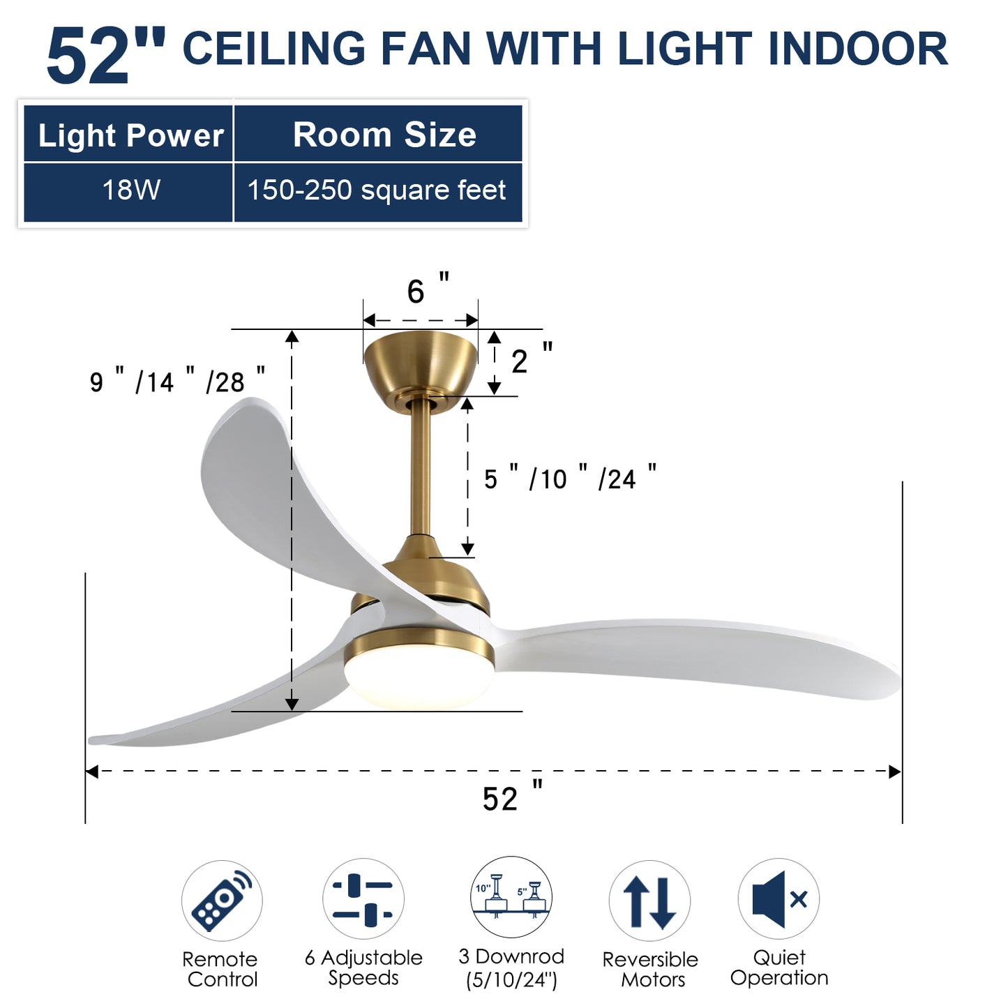 52 Inch Indoor Ceiling Fan With Lights, 3CCT 18W Dimmable Led Indoor Lighting 3 Solid Wood Blades Fans with Remote Control