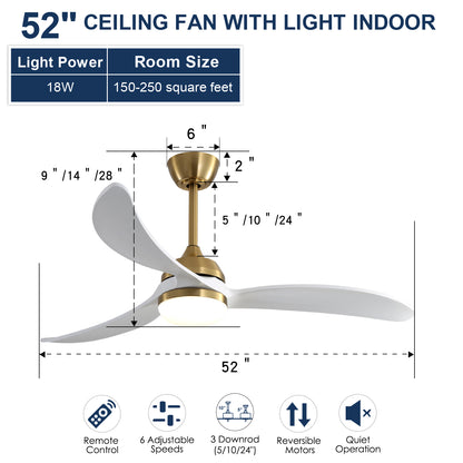 52 Inch Indoor Ceiling Fan With Lights, 3CCT 18W Dimmable Led Indoor Lighting 3 Solid Wood Blades Fans with Remote Control