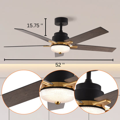 52 Inch Downrod Ceiling Fans with Lights and Remote Control, Modern Outdoor Indoor Black 5 Blades LED Lights Smart Ceiling Fans for Bedroom, Living Room, and Patios