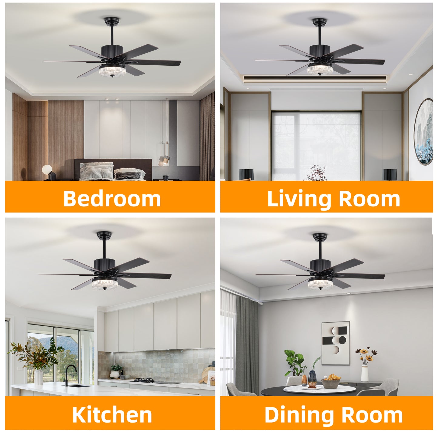 52 Inch Indoor Modern LED Ceiling Fan with Light and Remote Control, Reversible 6 Blades , Reversible Motor