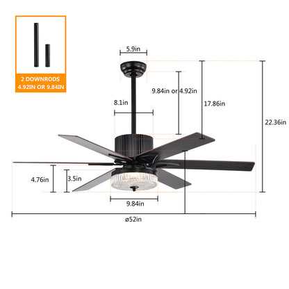 52 Inch Indoor Modern LED Ceiling Fan with Light and Remote Control, Reversible 6 Blades , Reversible Motor