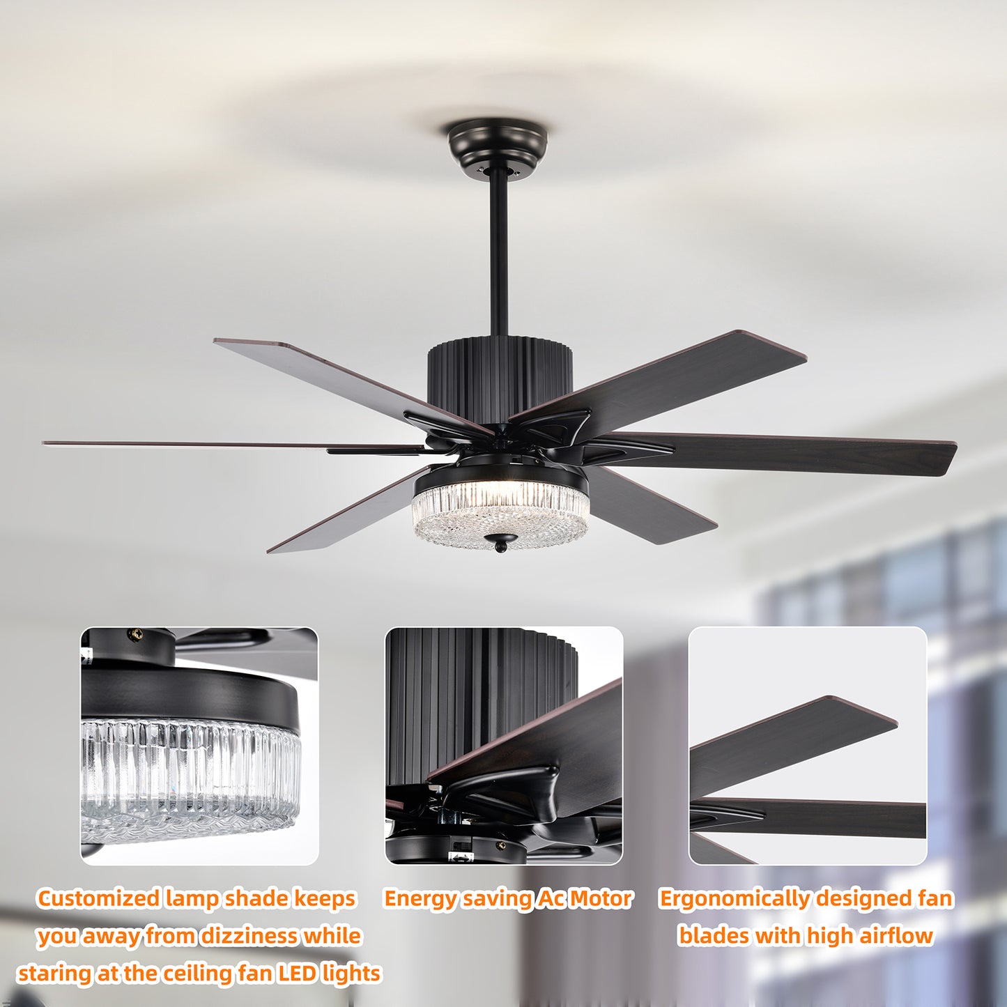 52 Inch Indoor Modern LED Ceiling Fan with Light and Remote Control, Reversible 6 Blades , Reversible Motor