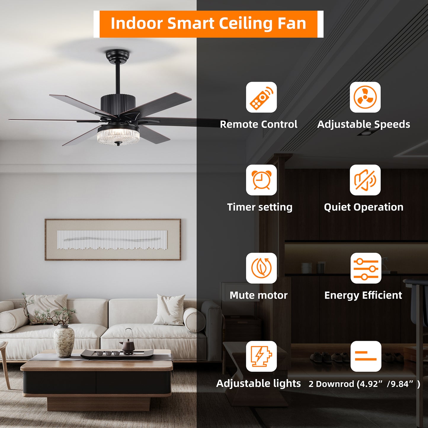 52 Inch Indoor Modern LED Ceiling Fan with Light and Remote Control, Reversible 6 Blades , Reversible Motor