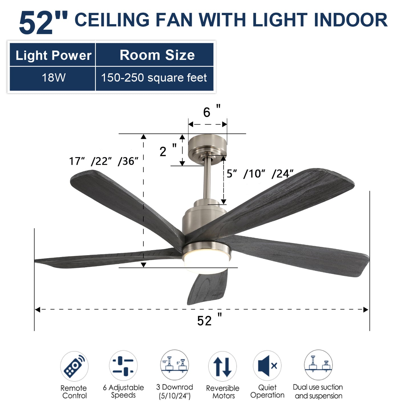 52 Inch Ceiling Fan With Dimmable 3CCT 18W LED Light, 5 Solid Wood Blades Remote Control  Reversible DC Motor