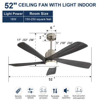 52 Inch Ceiling Fan With Dimmable 3CCT 18W LED Light, 5 Solid Wood Blades Remote Control  Reversible DC Motor