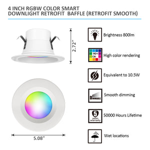 MW Lighting 4 Inch LED Smart RGB WIFI Recessed Retrofit Downlight with Baffle Trim