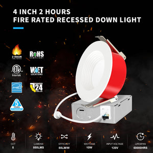 MW Lighting 4 Inch LED Fire Rated Canless Baffle Recessed Light | 5CCT Selectable 2700K-5000K | 2 Hours Fire Rating | 850 Lumens | 12W | No Tenmat Needed | Dimmable | IC Rated |