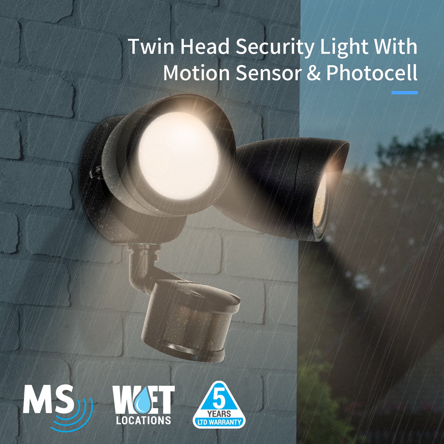 Twin Head LED Security Light with Motion Sensor Black Finish