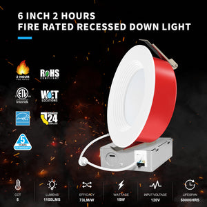 MW Lighting 6 Inch LED Fire Rated Canless Baffle Recessed Light | 5CCT Selectable 2700K-5000K | 2 Hours Fire Rating | 1100 Lumens | 15W | No Tenmat Needed | Dimmable | IC Rated |