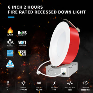 MW Lighting 6 Inch LED Fire Rated Canless Smooth Recessed Light | 5CCT Selectable 2700K-5000K | 2 Hours Fire Rating | 1100 Lumens | 15W | No Tenmat Needed | Dimmable | IC Rated |