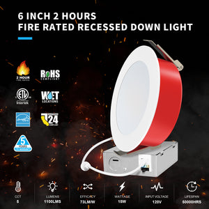MW Lighting 6 Inch LED Fire Rated Canless Flat Recessed Light | 5CCT Selectable 2700K-5000K | 2 Hours Fire Rating | 1100 Lumens | 15W | No Tenmat Needed | Dimmable | IC Rated |