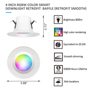 MW Lighting 4 Inch LED Smart RGBW WIFI Recessed Retrofit Downlight with Smooth Trim