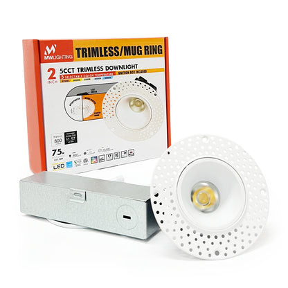 2 Inch Trimless Recessed Downlight| 5 CCT(2700K-5000K)| 13W 750 Lumens| CRI 90+| IC Rated