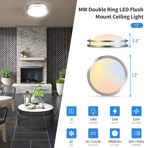 12 Inch Double Ring LED Flush Mount Ceiling Fixture with 5CCT Seletable