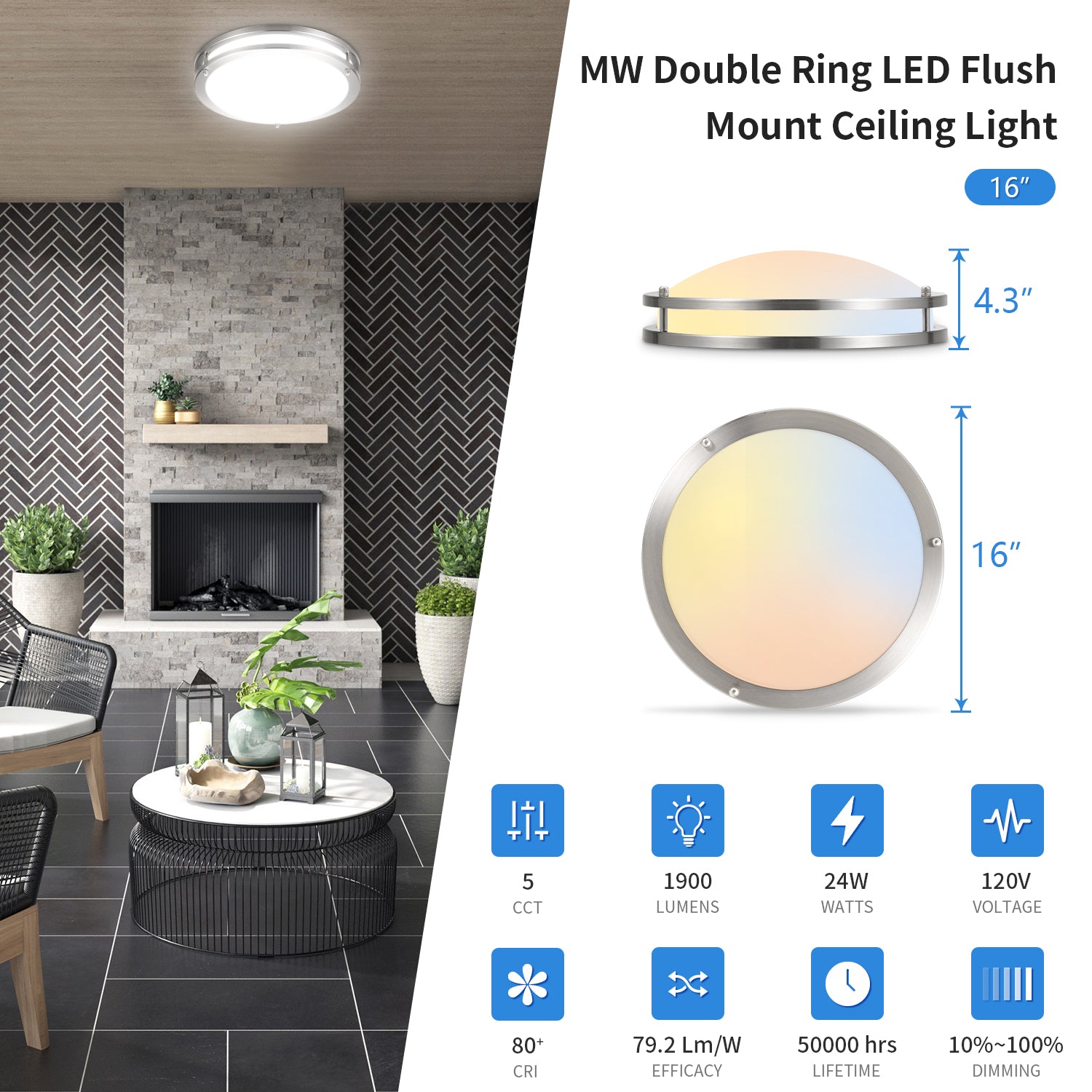 16 Inch Double Ring LED Flush Mount Ceiling Fixture with 5CCT Seletabl