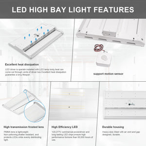 MW 2ft Linear Twin Panel High Bay Light with Motion Sensor | 5000k Daylight |155 Watts 20,925 Lumens| 120-277V | 0-10V Dimmable |UL/DLC | 5 Years Warranty