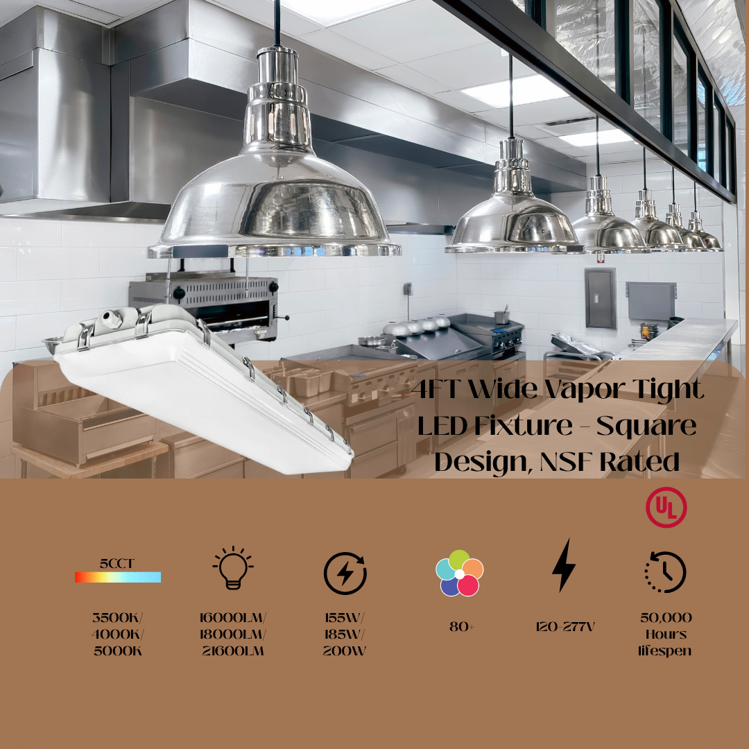 4FT Wide Vapor Tight LED Fixture – Square Design, NSF Rated