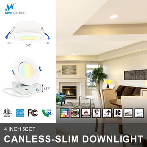 MW Lighting 4 Inch LED Canless Slim Swivel Recessed Light with CCT Seletable-2700k/3000k/3500k/4000k/5000k