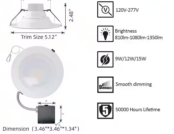 4"/6"/8"/10"/12"  Round Baffle Trim Commercial Can-less Downlight