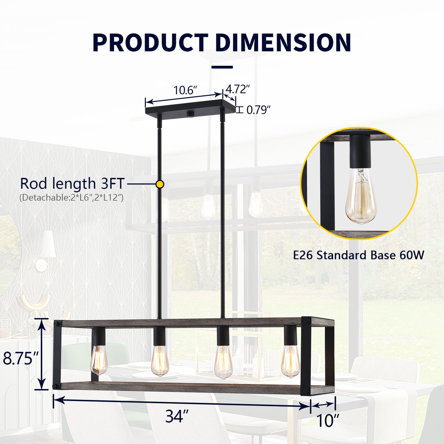 pendant lights kitchen island size 34inch x 10inch x 8.75inch,adjustable rod length 3FT