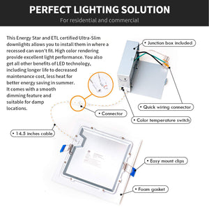 MW Lighting 6 Inch Square Canless Slim 5CCT LED Recessed Light with Baffle Trim-2700k/3000k/3500k/4000k/5000k