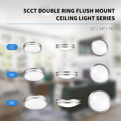 16 Inch Double Ring LED Flush Mount Ceiling Fixture with 5CCT Seletable