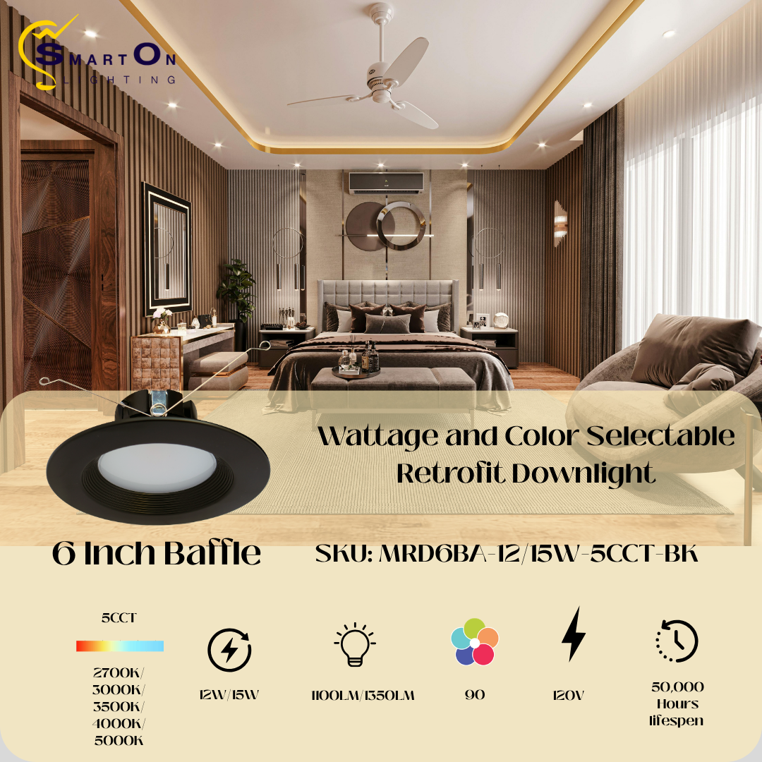 4"/6" Black Baffle LED Retrofit Downlight – Wattage & 5CCT Selectable