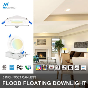 MW Lighting 6 inch LED Canless Flood Floating Gimbal Recessed Light with CCT Selectable-2700k/3000k/3500k/4000k/5000k