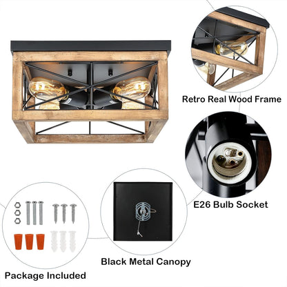 Wooden Flush Mount Ceiling Lights, 4-Light Farmhouse Close to Ceiling Lighting Fixtures Black Ceiling Lamp for Kitchen Island Living Room Bedroom Hallway Laundry Entryway