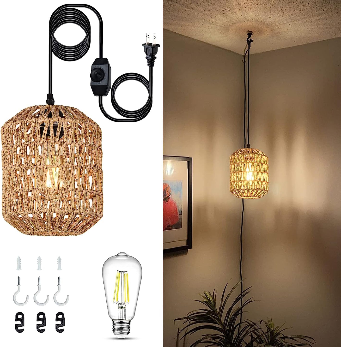 Plug in Pendant Light with LED Bulb, Rattan Hanging Lamp with 16ft Dimmable Cord, Hand Woven Wicker Plug in Chandelier, Boho Hanging Lights Fixture with Plug in Cord for Bedroom Hallway Foyer