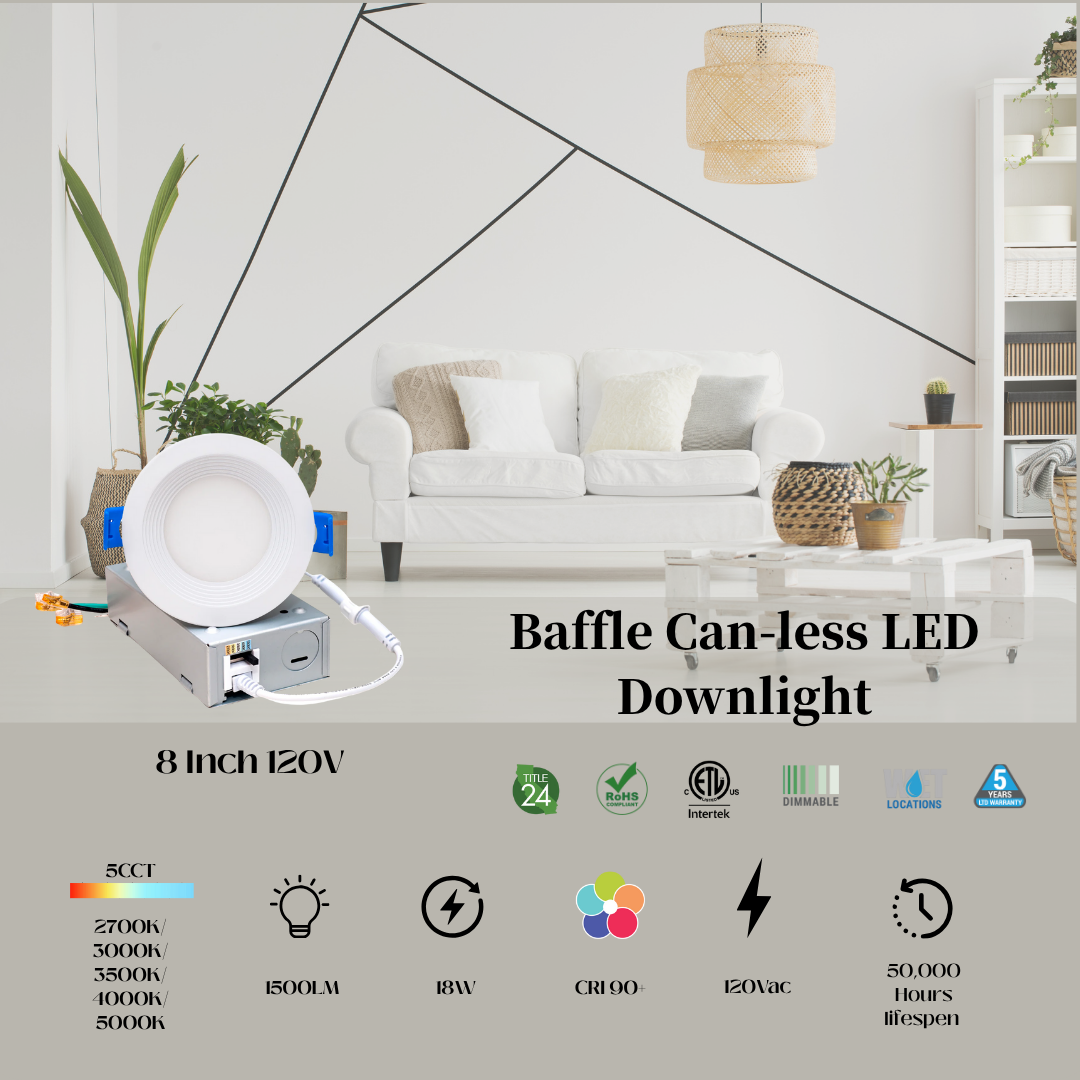 4 Inch /6 Inch /8 Inch 120V to 347V Round Baffle Trim Can-less Ultra Slim LED Downlight