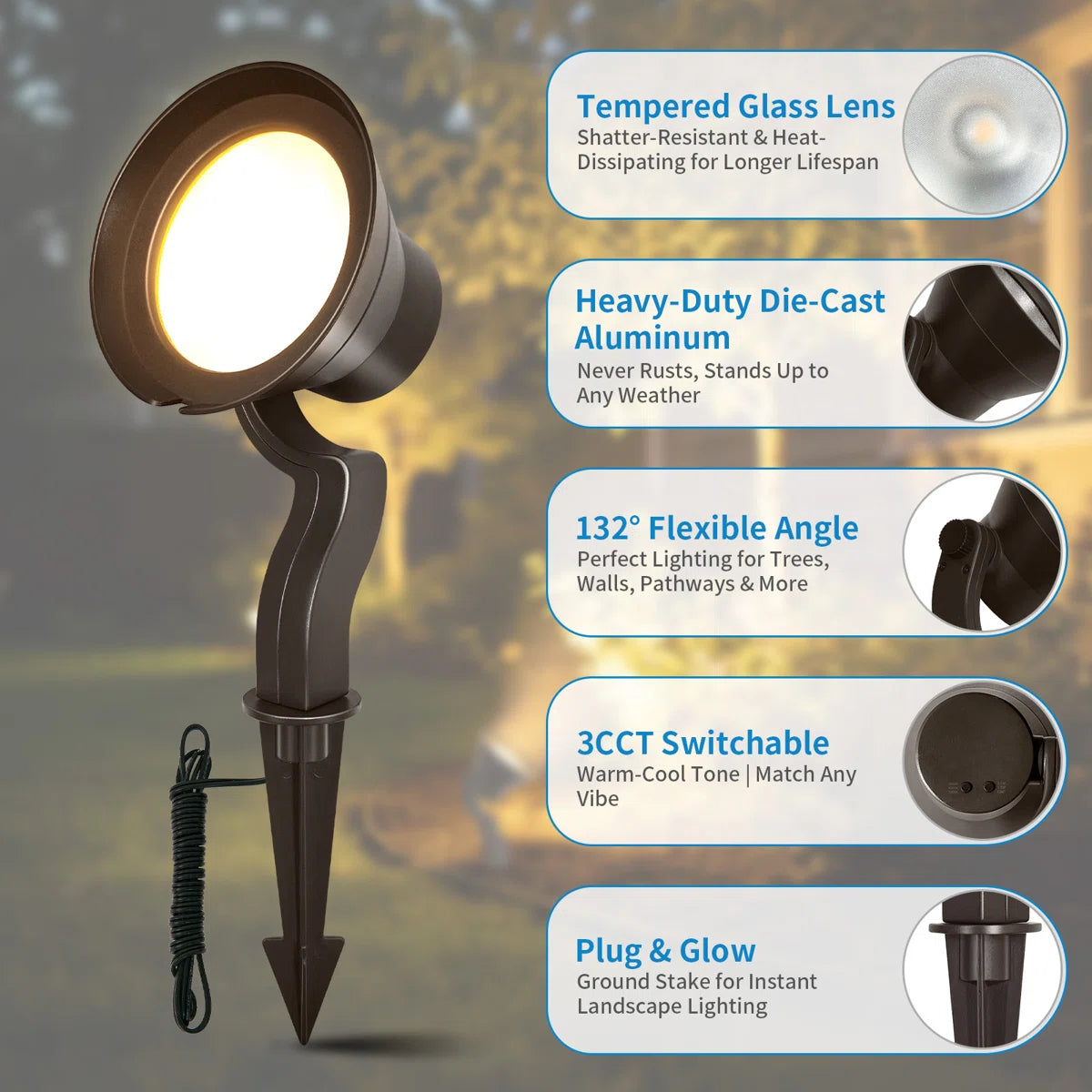 Dimmable Horn-Shaped Landscape Spotlights , 3000K Warm White/4000K Neutral White/5000K Cool White, Outdoor Waterproof Pathway Light for Garden Yard Patio